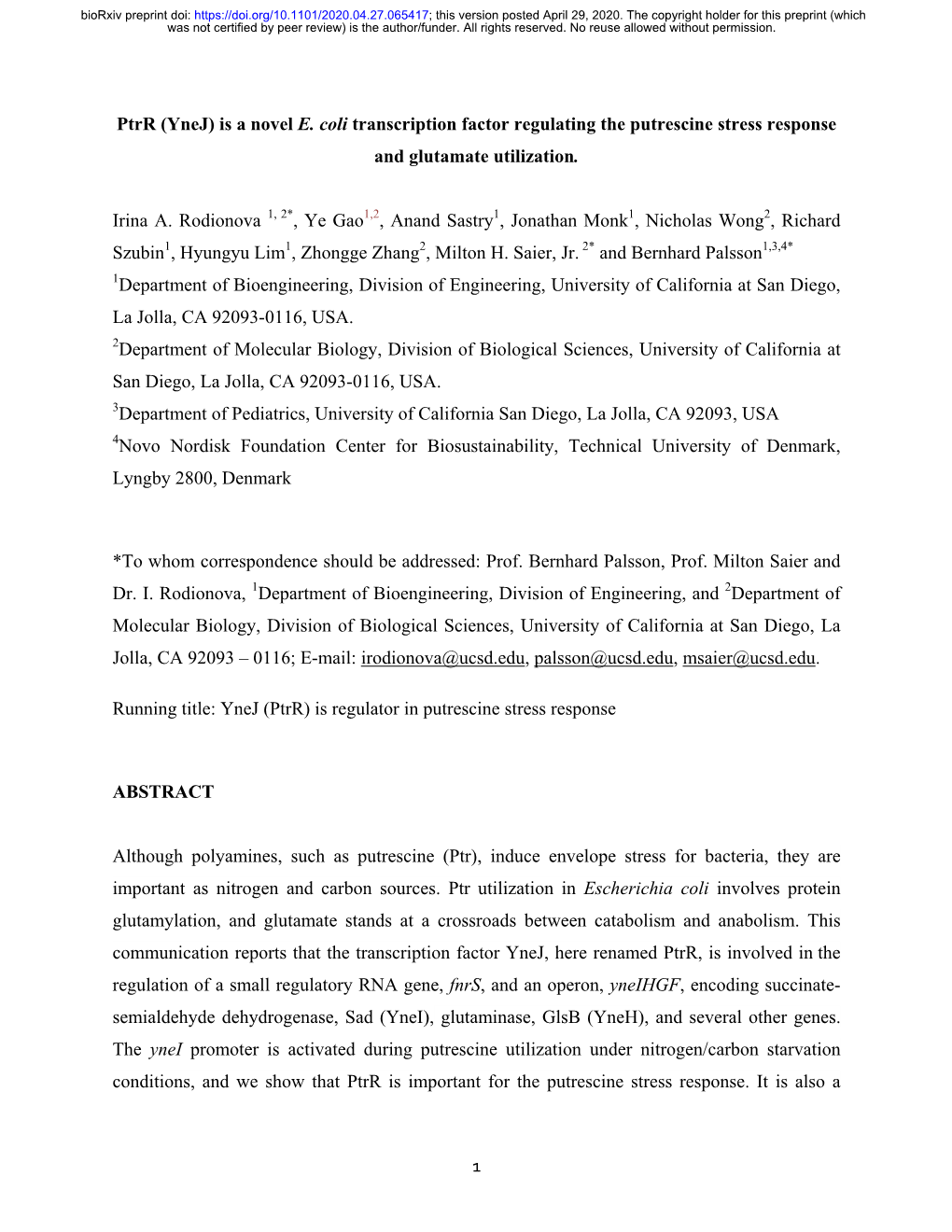 Ptrr (Ynej) Is a Novel E. Coli Transcription Factor Regulating the Putrescine Stress Response and Glutamate Utilization