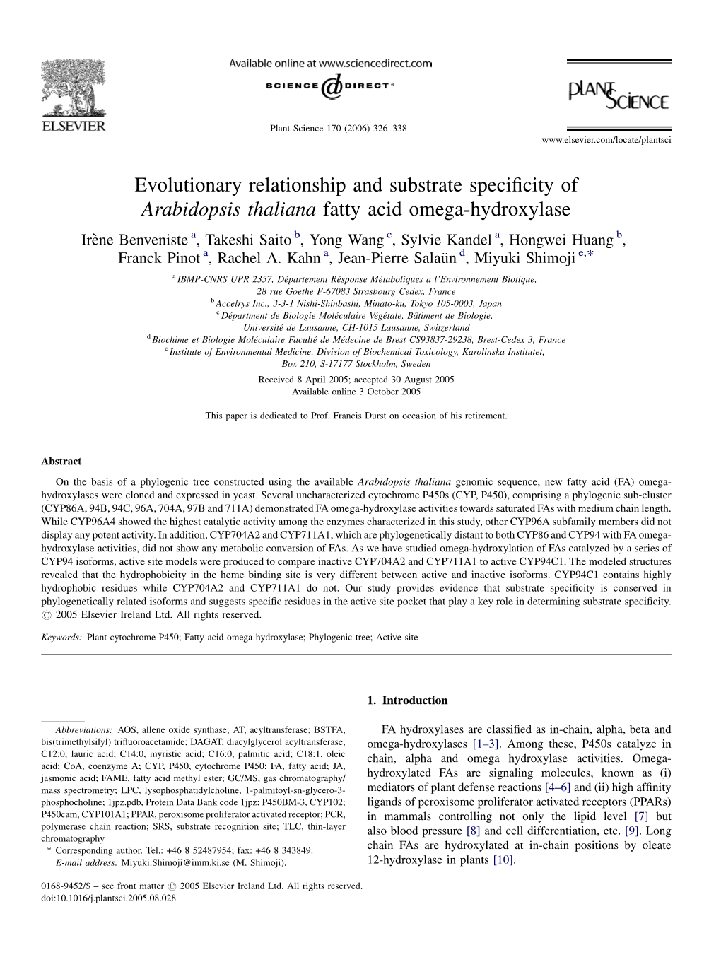 Evolutionary Relationship and Substrate Specificity of Arabidopsis Thaliana Fatty Acid Omega-Hydroxylase