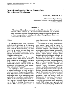 Bence Jones Proteins: Nature, Metabolism, Detection and Significance MICHAEL J