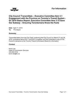 For Information City Council Transmittals – Executive