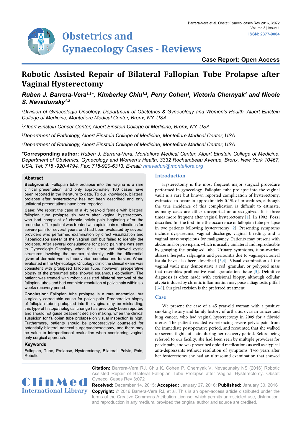 Robotic Assisted Repair of Bilateral Fallopian Tube Prolapse After Vaginal Hysterectomy Ruben J