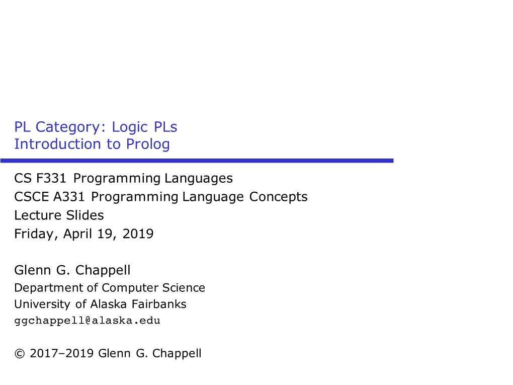 PL Category: Logic Pls Introduction to Prolog