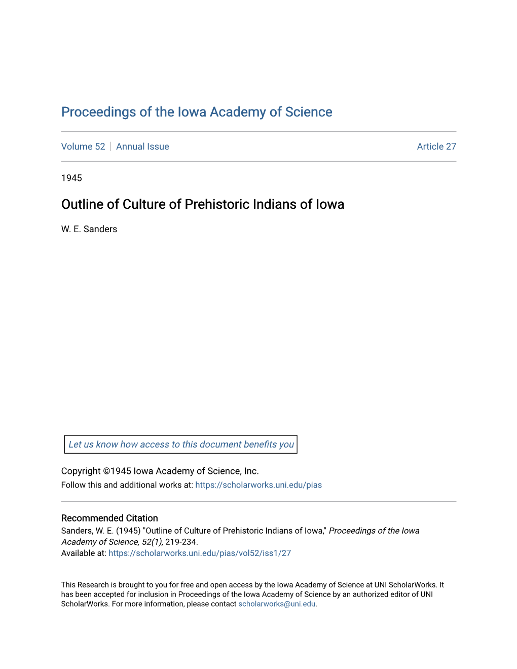 Outline of Culture of Prehistoric Indians of Iowa