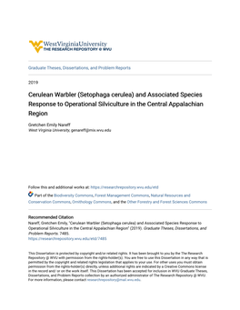Cerulean Warbler (Setophaga Cerulea) and Associated Species Response to Operational Silviculture in the Central Appalachian Region