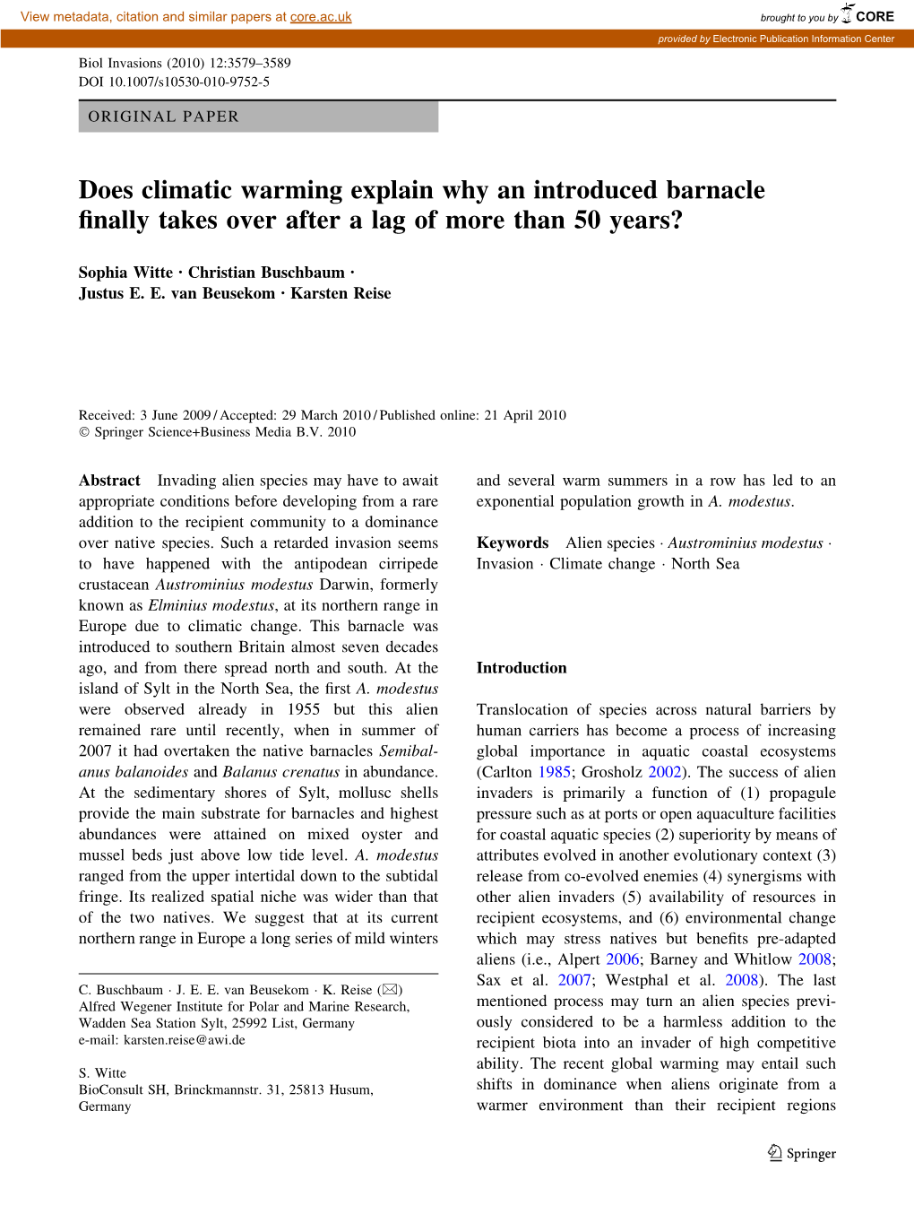 Does Climatic Warming Explain Why an Introduced Barnacle Finally Takes