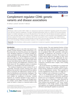 Complement Regulator CD46: Genetic Variants and Disease Associations M