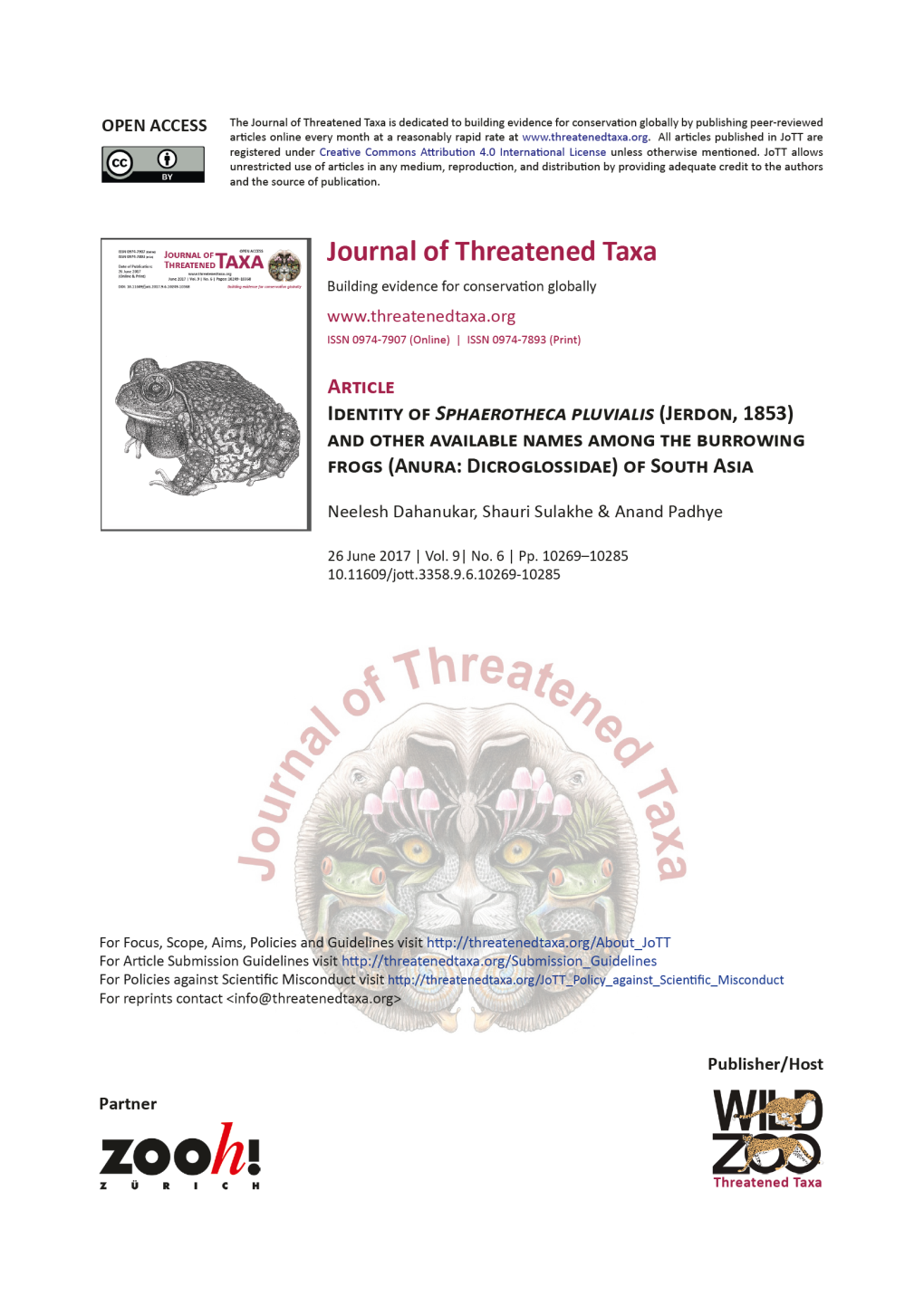 Identity of Sphaerotheca Pluvialis (Jerdon, 1853) and Other Available Names Among the Burrowing Frogs