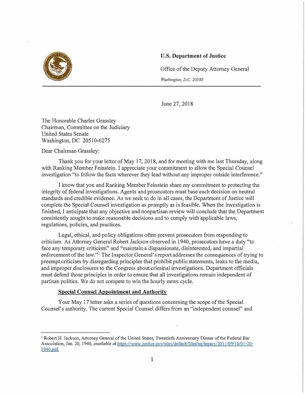 DAG Rosenstein Letter to Chairman Grassley