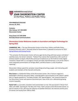 Shorenstein Center Welcomes Leaders in Journalism and Digital Technology for Spring 2012