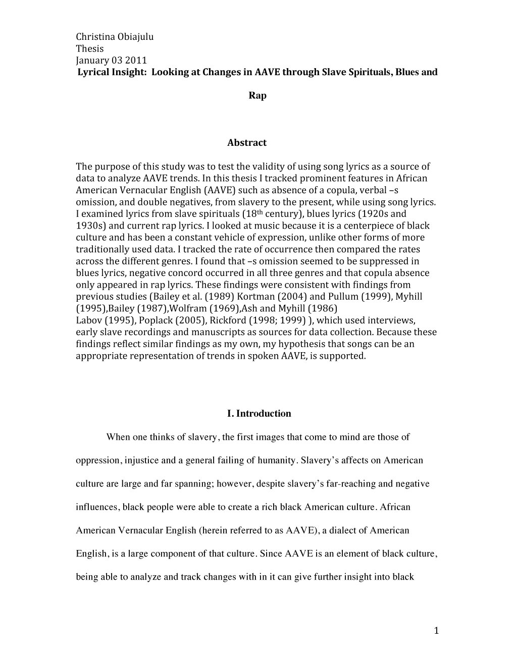 Christina Obiajulu Thesis January 032011 Lyrical Insight: Looking at Changes in AA VE Through Slave Spirituals, Blues And