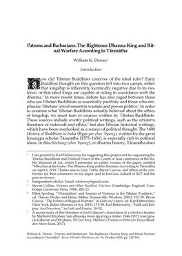 Patrons and Barbarians: the Righteous Dharma King and Rit- Ual Warfare According to Tāranātha1