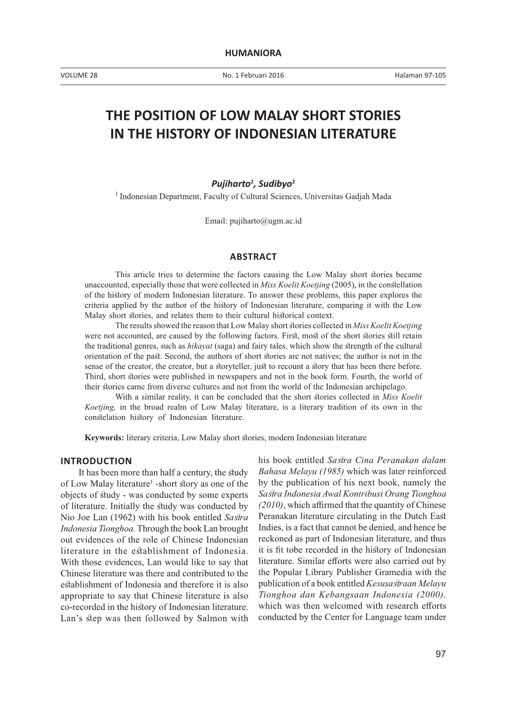 The Position of Low Malay Short Stories in the History of Indonesian Literature
