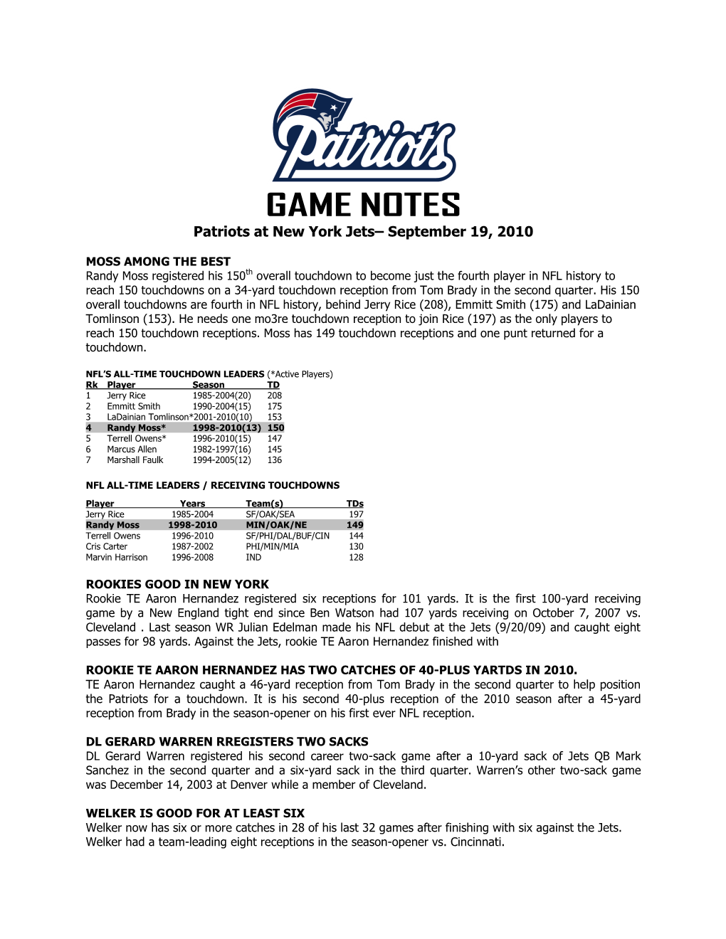 GAME NOTES Patriots at New York Jets– September 19, 2010