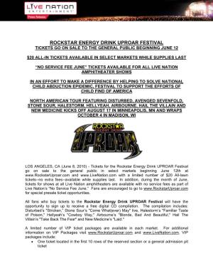 Rockstar Energy Drink Uproar Festival Tickets Go on Sale to the General Public Beginning June 12