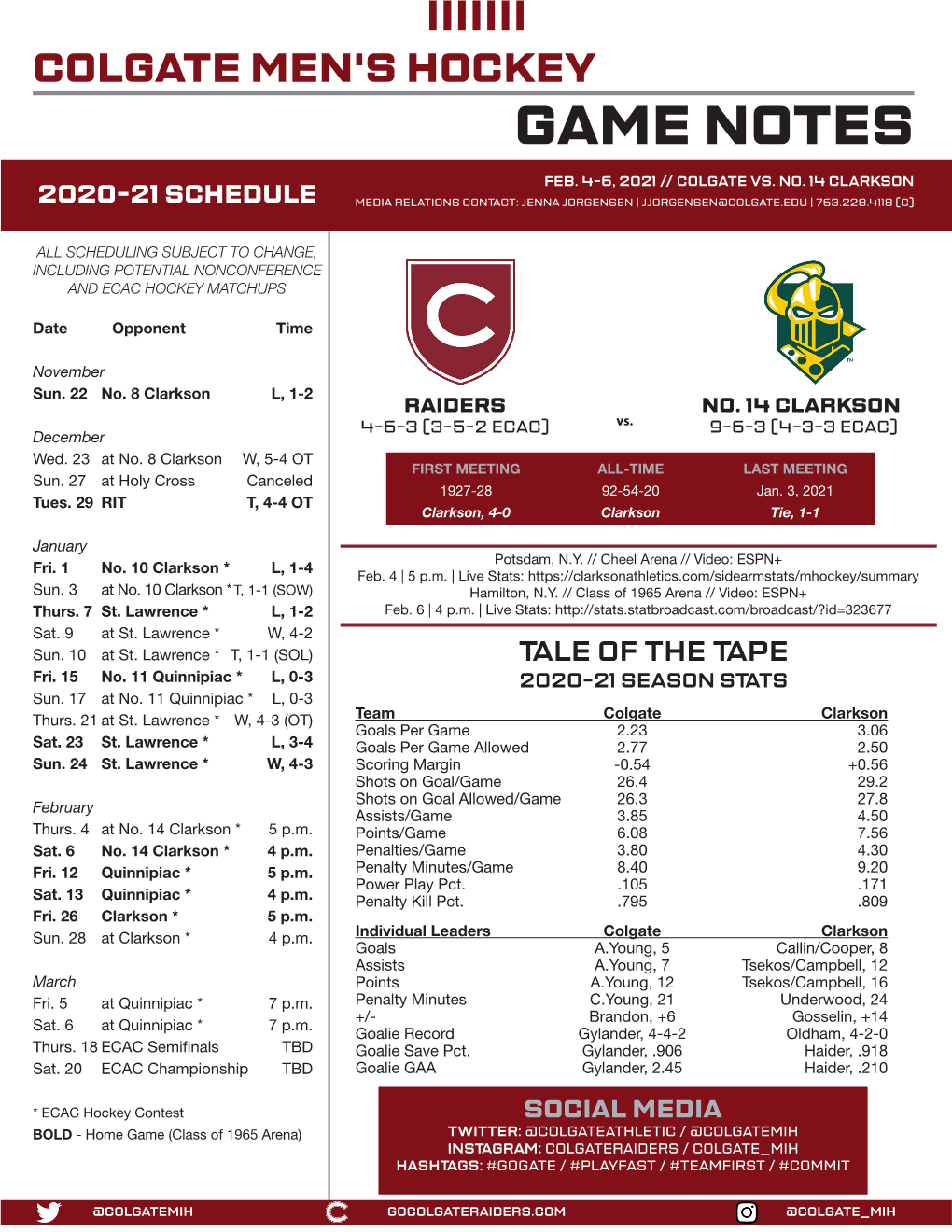 Colgate Men's Hockey Game Notes Feb