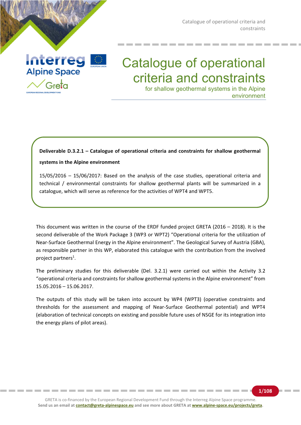 Catalogue of Operational Criteria and Constraints