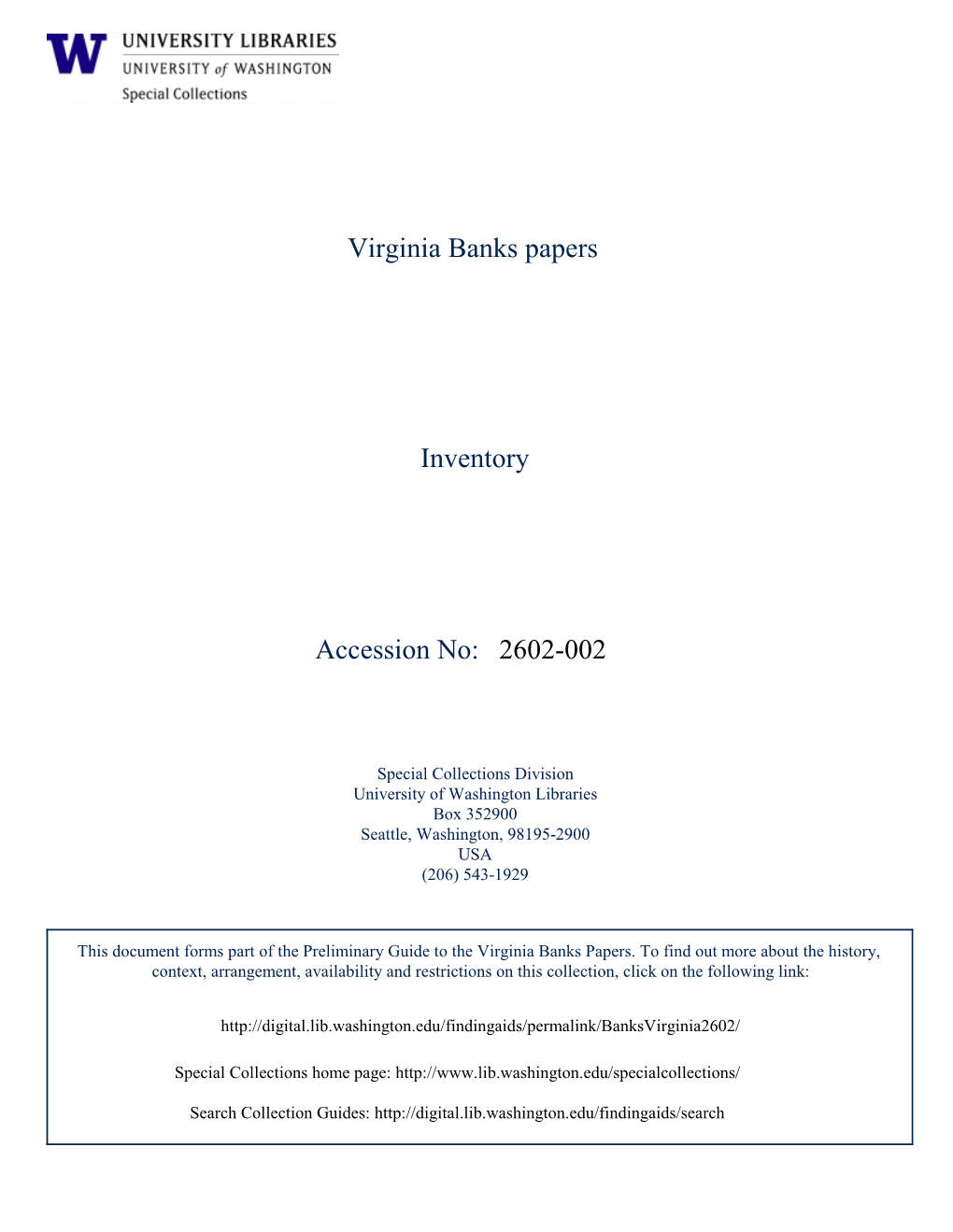 2602-002 Virginia Banks Papers Inventory Accession