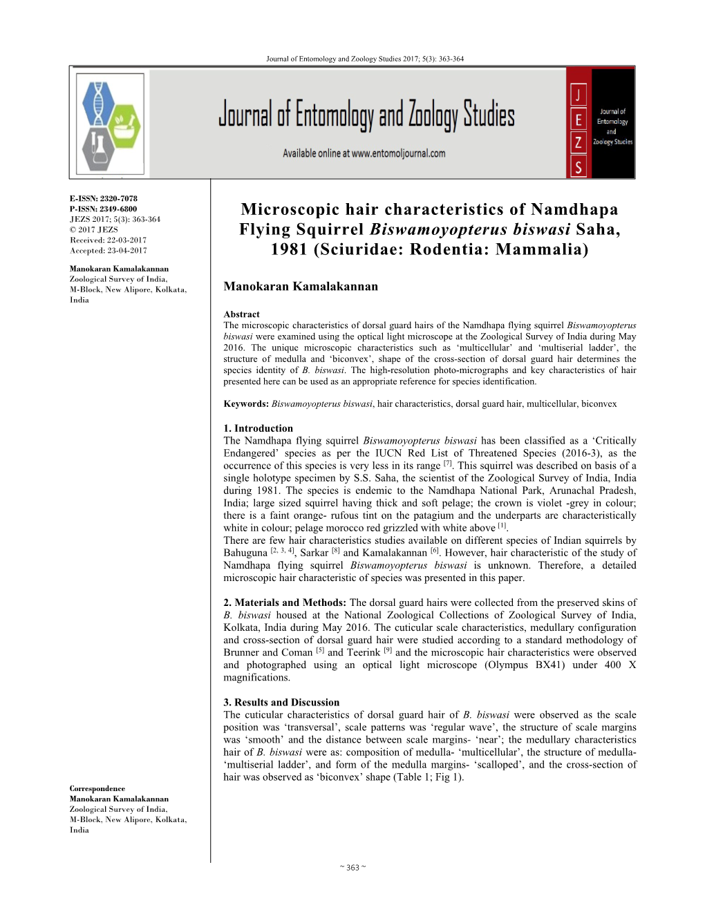 Microscopic Hair Characteristics of Namdhapa Flying Squirrel