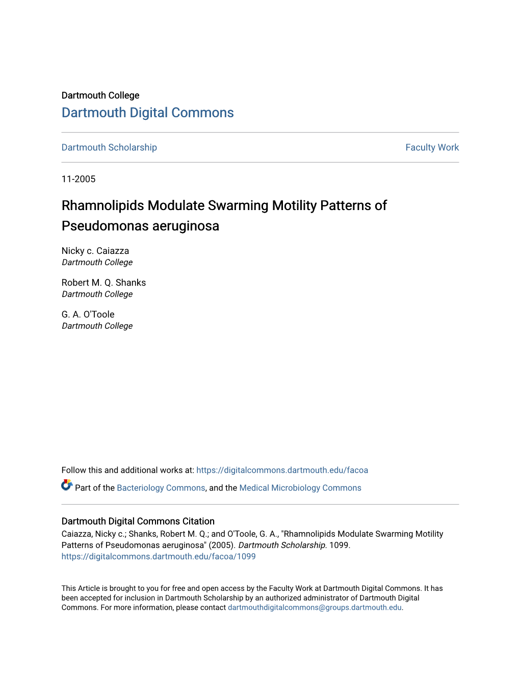 Rhamnolipids Modulate Swarming Motility Patterns of Pseudomonas Aeruginosa