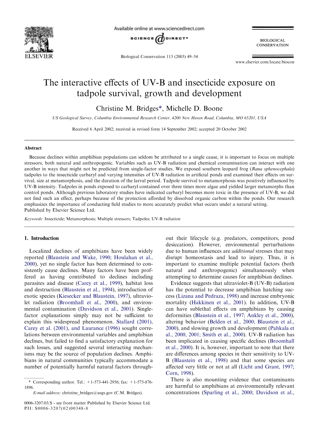 The Interactive Effects of UV-B and Insecticide Exposure on Tadpole