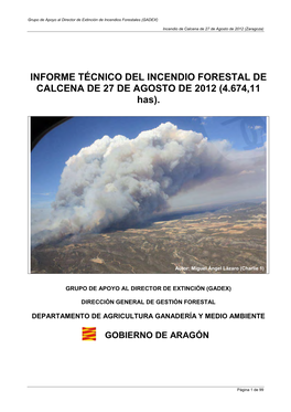 INFORME TÉCNICO DEL INCENDIO FORESTAL DE CALCENA DE 27 DE AGOSTO DE 2012 (4.674,11 Has)