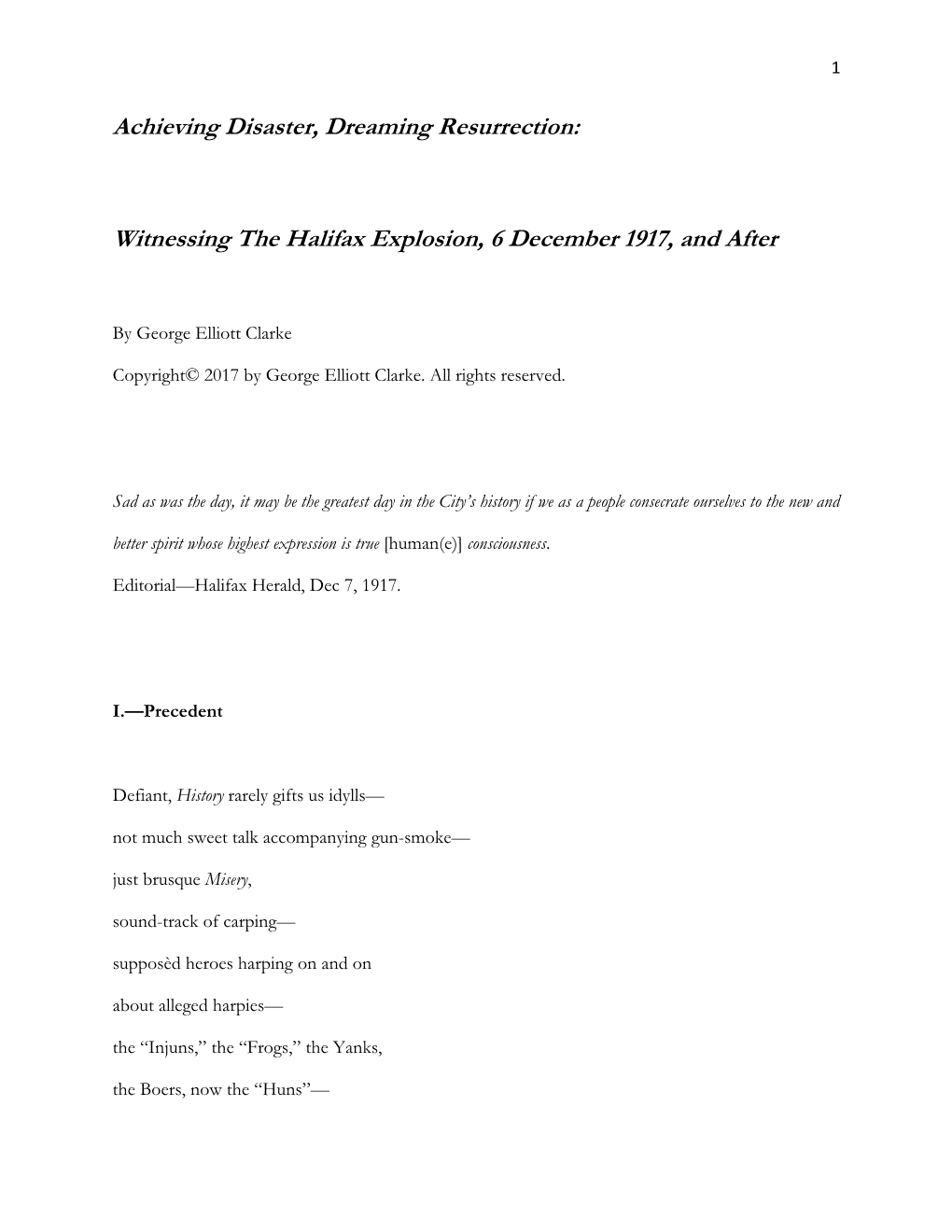 Achieving Disaster, Dreaming Resurrection: Witnessing the Halifax Explosion, 6 December 1917, and After