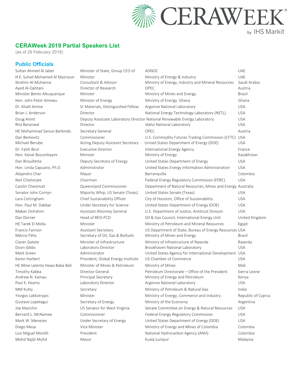 Ceraweek 2019 Partial Speakers List (As of 26 February 2019)