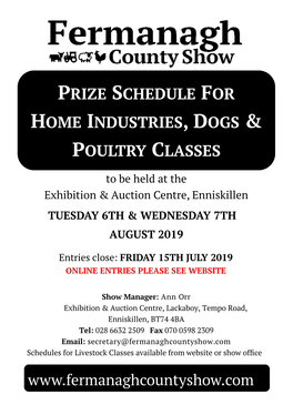 Prize Schedule for Home Industries, Dogs & Poultry