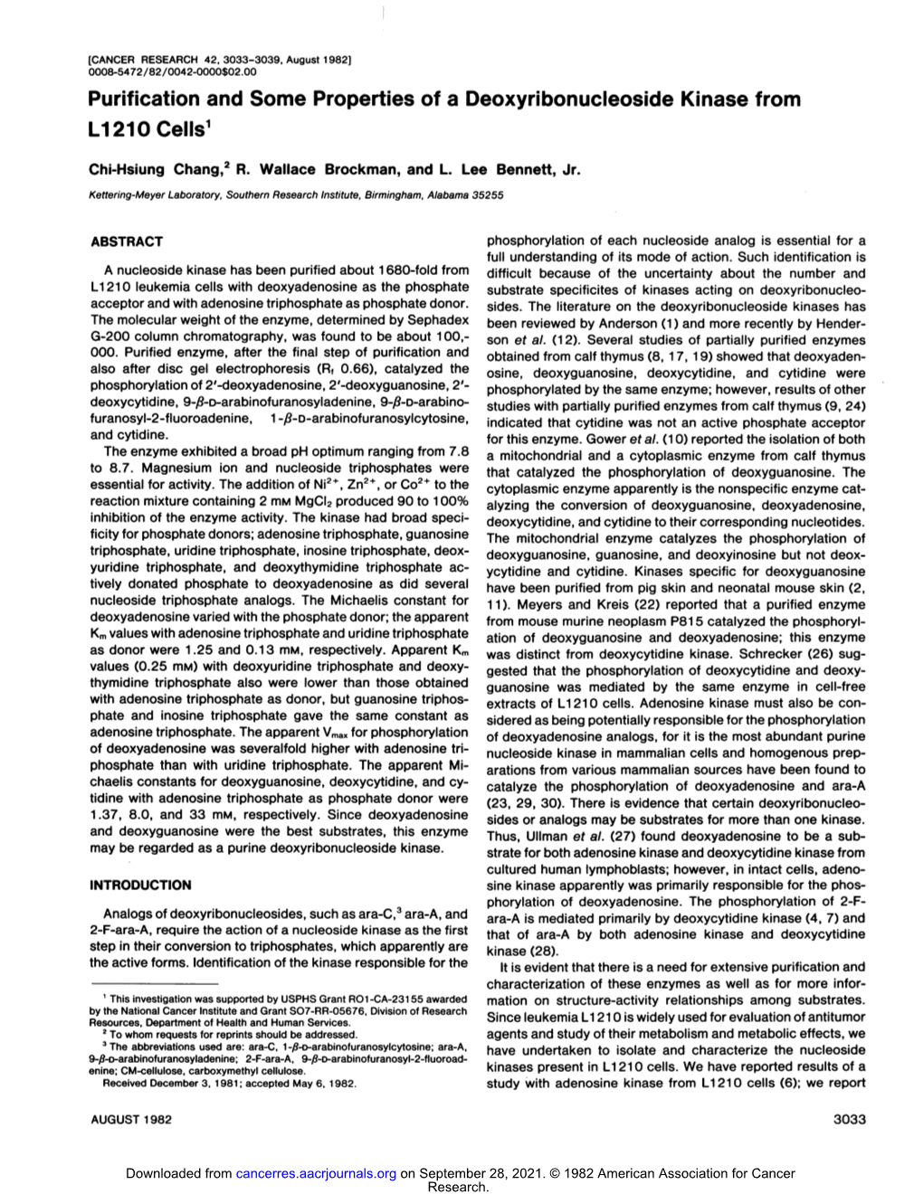 Purification and Some Properties of a Deoxyribonucleoside Kinase from L1210 Cells1