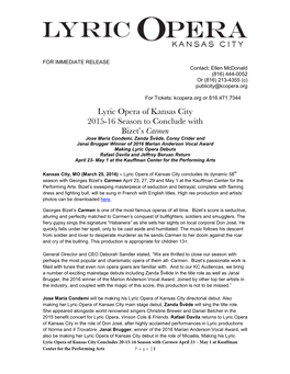 Lyric Opera of Kansas City 2015-16 Season to Conclude with Bizet's
