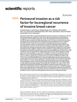 Perineural Invasion As a Risk Factor for Locoregional Recurrence of Invasive Breast Cancer Priyanka Narayan1, Jessica Flynn2, Zhigang Zhang2, Erin F