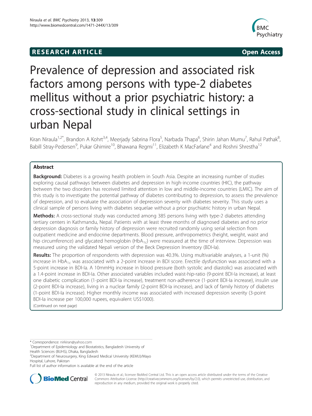 Prevalence of Depression and Associated Risk Factors Among Persons with Type-2 Diabetes Mellitus Without a Prior Psychiatric