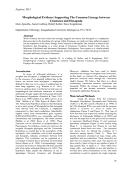 Morphological Evidence Supporting the Common Lineage Between Crustacea and Hexapoda Dom Apicella, Aaron Codling, Robert Keller, Steve Koppleman