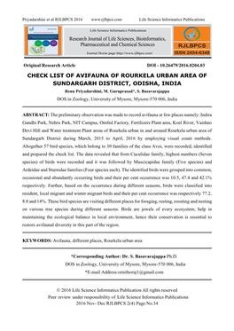 CHECK LIST of AVIFAUNA of ROURKELA URBAN AREA of SUNDARGARH DISTRICT, ODISHA, INDIA Renu Priyadarshini, M