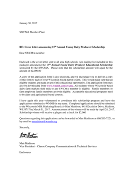 Cover Letter Announcing 15Th Annual Young Dairy Producer Scholarship