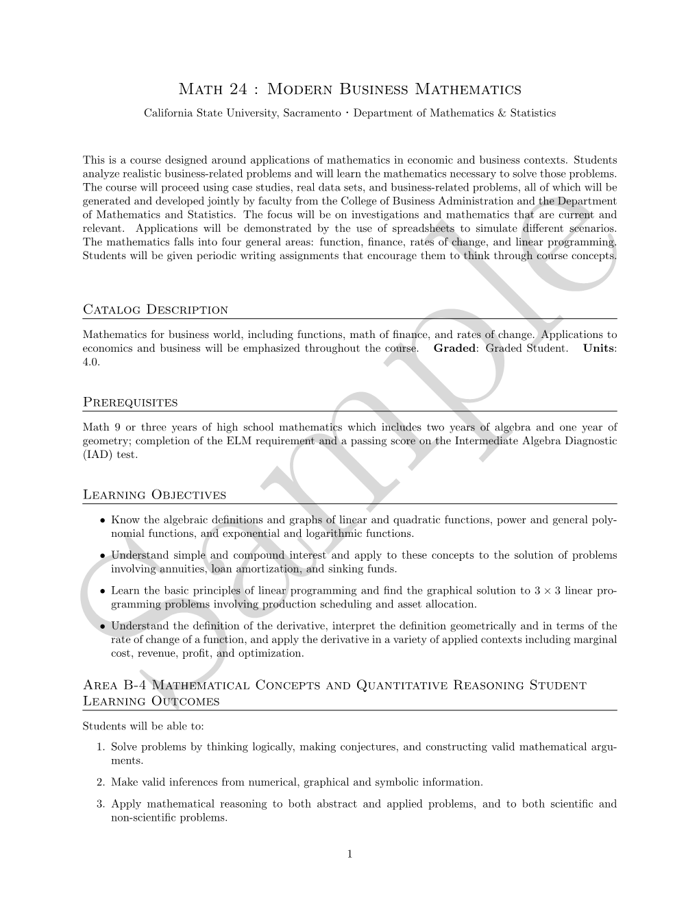 Math 24 : Modern Business Mathematics California State University, Sacramento · Department of Mathematics & Statistics