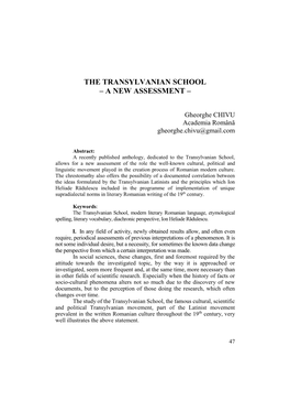 The Transylvanian School – a New Assessment –