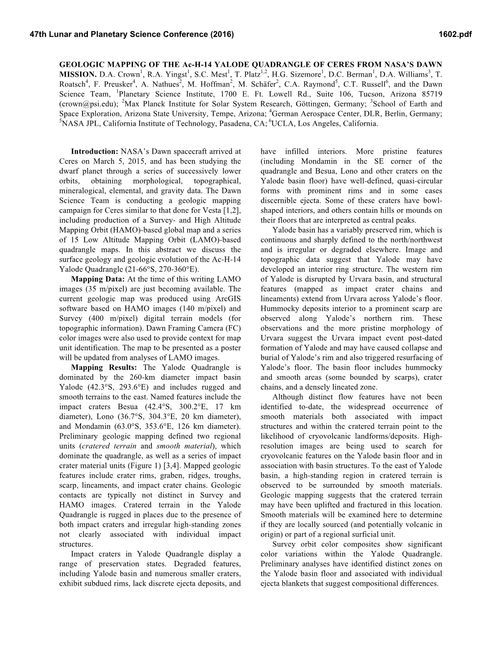 GEOLOGIC MAPPING of the Ac-H-14 YALODE QUADRANGLE of CERES from NASA’S DAWN MISSION