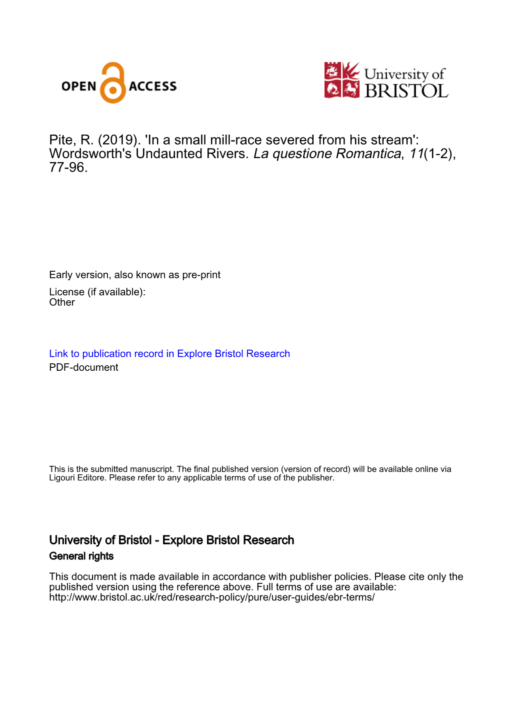 Pite, R. (2019). 'In a Small Mill-Race Severed from His Stream': Wordsworth's Undaunted Rivers. La Questione Romantica, 11(1-2), 77-96