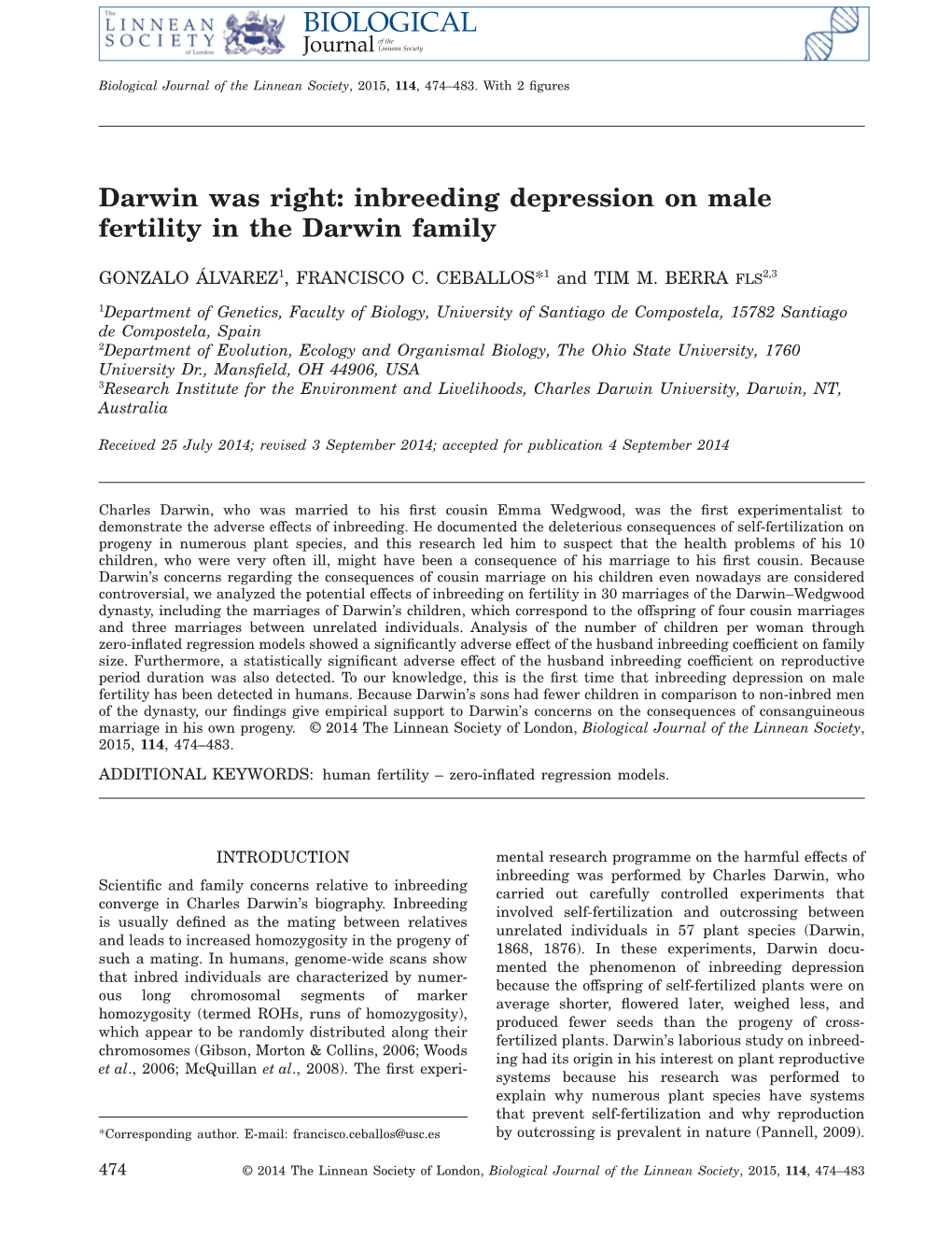 Inbreeding Depression on Male Fertility in the Darwin Family