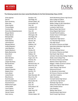 The Following Students Have Been Named Semifinalists for the Park Scholarships Class of 2019