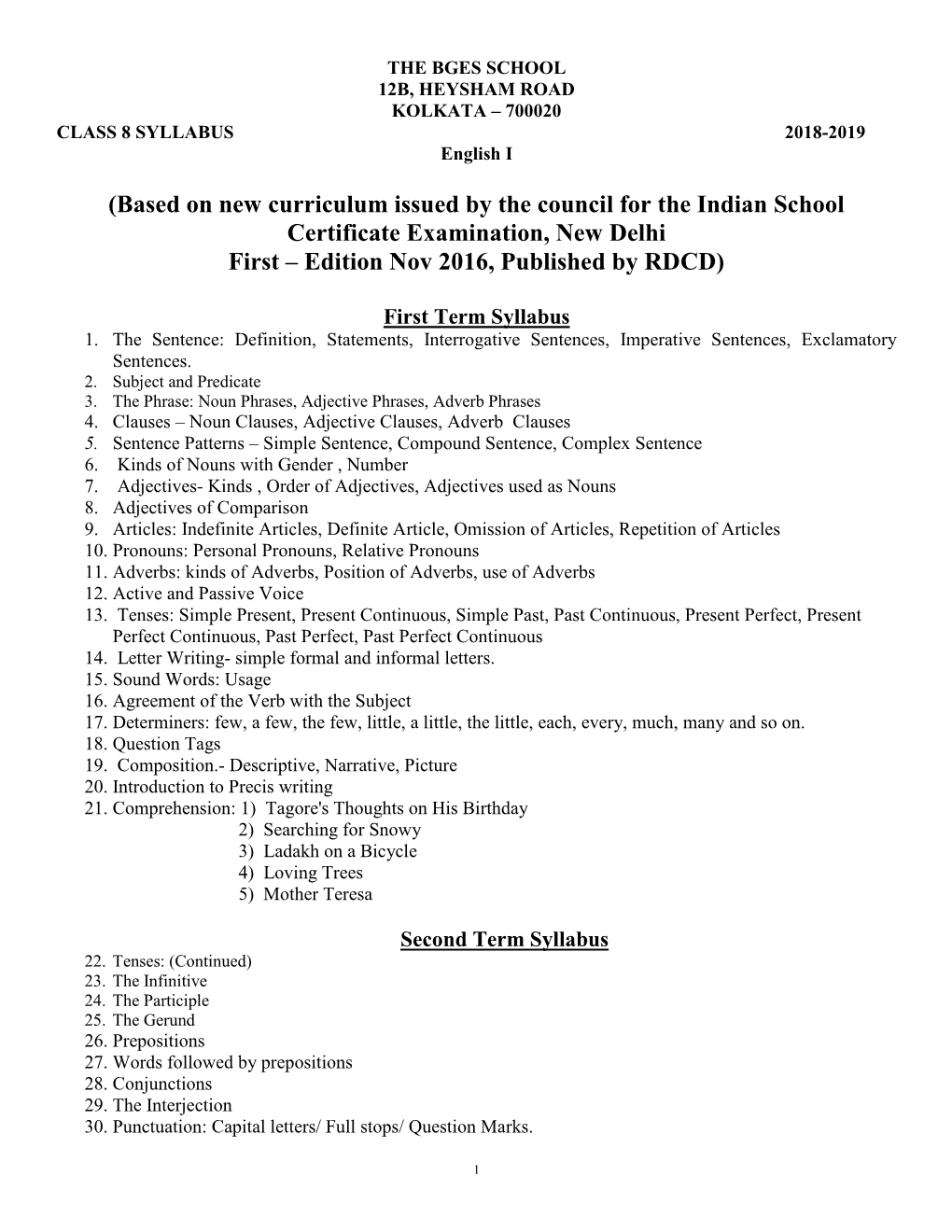 700020 CLASS 8 SYLLABUS 2018-2019 English I