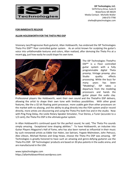 For Immediate Release Allan Holdsworth for the Theta