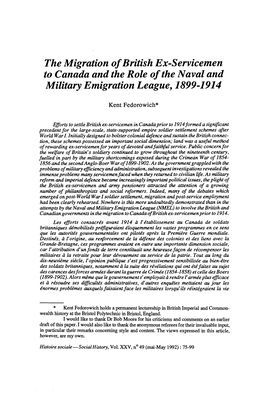 The Migration Ofbritish Ex-Servicemen to Canada and the Role Ofthe Naval and Military Emigration League, 1899-1914