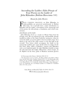 Ascending the Ladder: Editio Princeps of Four Poems on the Ladder of John Klimakos (Bodleian Baroccianus 141) Renaat Jos John Meesters