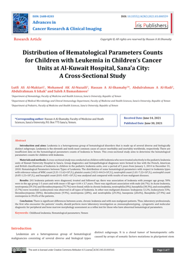 Distribution of Hematological Parameters Counts for Children with Leukemia in Children’S Cancer Units at Al-Kuwait Hospital, Sana’A City: a Cross-Sectional Study