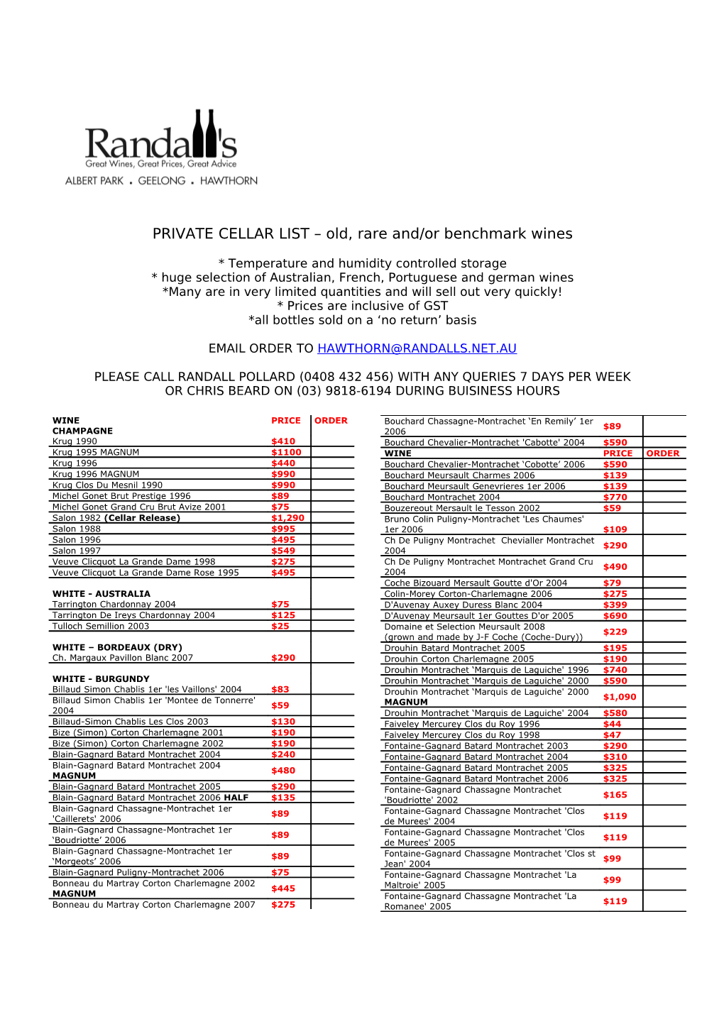 PRIVATE CELLAR LIST Old, Rare And/Or Benchmark Wines * Temperature and Humidity Controlled