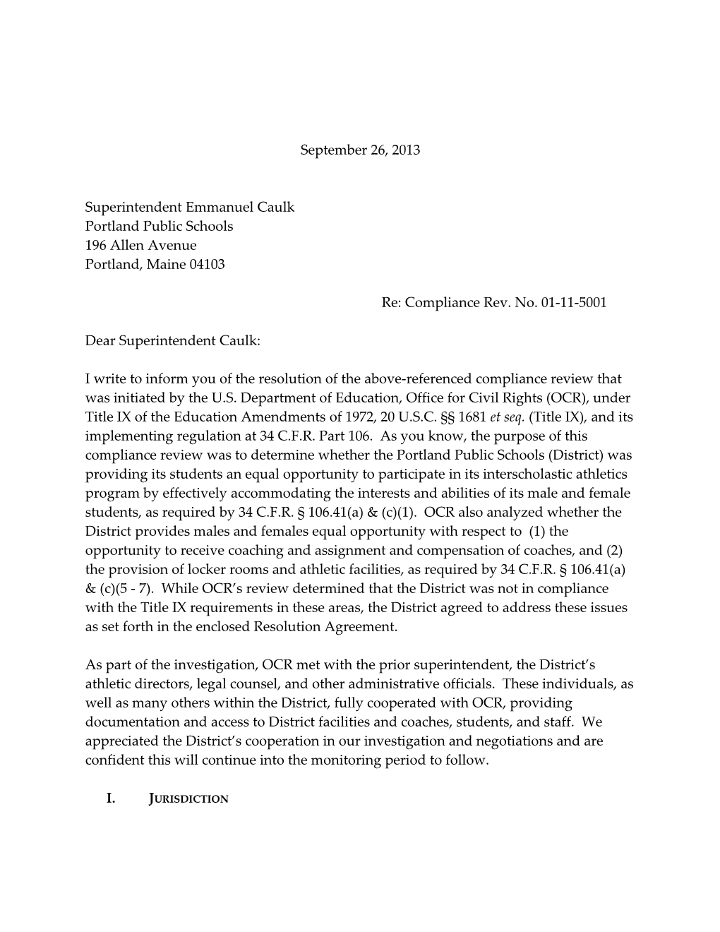 Resolution Letter to Portland, Maine, Public Schools: Compliance Review #01-11-5001 September