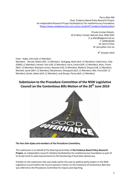 Submission to the Procedure Committee of the NSW Legislative Council on the Contentious Bills Motion of the 20Th June 2019