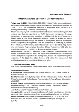 Hitachi Announces Selection of Director Candidates